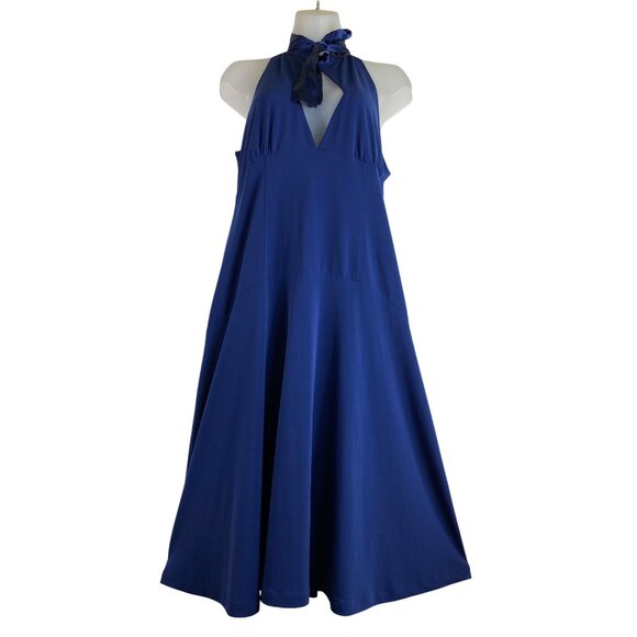 Moda International Blue Sleeveless Halter Neck Dress Large Y2K Sexy Retro Classy - Picture 1 of 7
